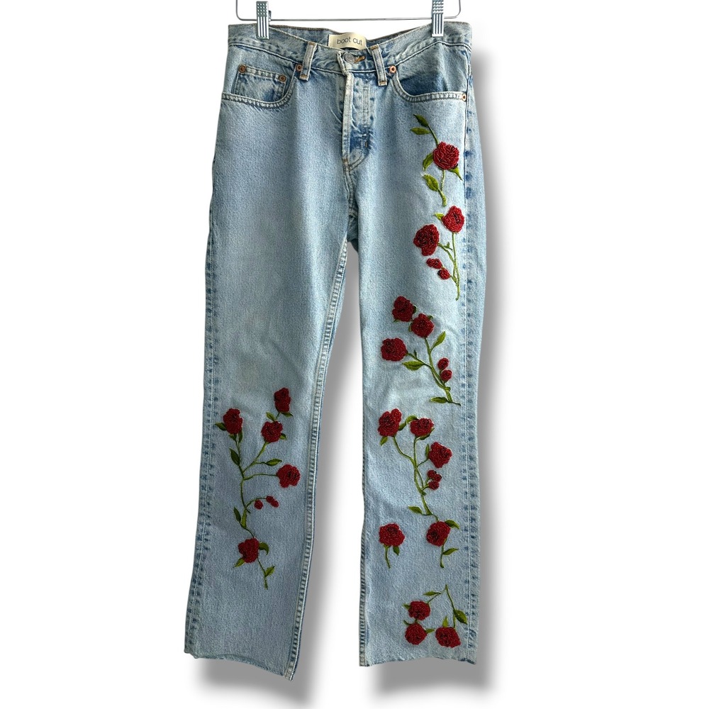 Gap Vintage Bootcut Jeans Light Wash Beaded Red Rose Floral Denim USA Made Sz 2